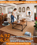 Woman using Handheld Steam Cleaner With Dual Core Fast Heating And One Point Eight Liter Tank For Homes Kitchens Bathrooms And Cars in living room.