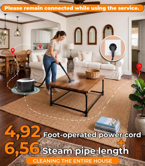 Woman using Handheld Steam Cleaner With Dual Core Fast Heating And One Point Eight Liter Tank For Homes Kitchens Bathrooms And Cars in living room.