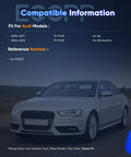Front view of Audi sedan driving with text showing compatible models for Front Wheel Bearing And Hub Assembly For Audi A6 Quattro 2005 2011 And A6 2005 2011 S6 2007 2011 A8 Quattro 2004 2010 R8 2008 2015 And Volkswagen Phaeton 2004 2006 Heavy Duty OEM Grade Hub Bearings