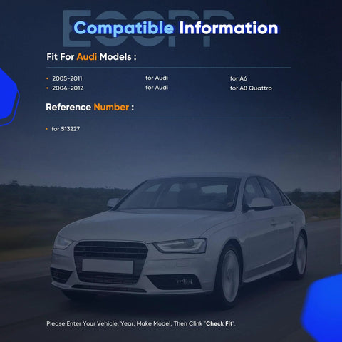 Front view of Audi sedan driving with text showing compatible models for Front Wheel Bearing And Hub Assembly For Audi A6 Quattro 2005 2011 And A6 2005 2011 S6 2007 2011 A8 Quattro 2004 2010 R8 2008 2015 And Volkswagen Phaeton 2004 2006 Heavy Duty OEM Grade Hub Bearings
