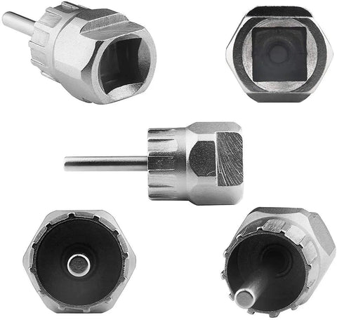 Multiple views of Bike Cassette Removal Tool Set With Chain Whip And Auxiliary Wrench For Freewheel And Sprocket Removal, Lock Ring Extractor.