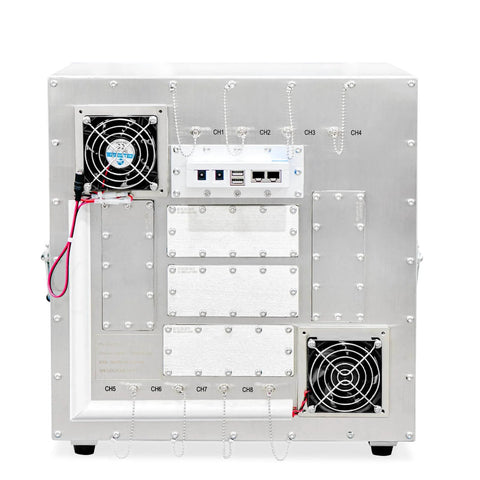 Back view of Pro Grade RF Shield Box 0.8-8 GHz Manual Shield Chamber with cooling fan and EMI filter for WiFi, Bluetooth, GPS testing