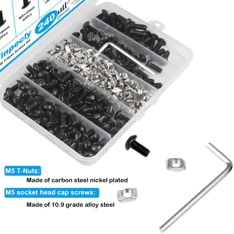 All In One 240Pcs M5 T Nuts And Screws Hardware Kit For 2020 Aluminum Extrusion shown in plastic case with wrench