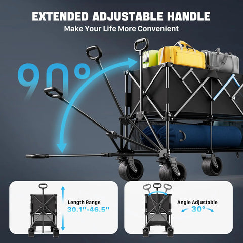 52 Inch Heavy Duty Double Decker Wagon With Brakes 560 Lbs Load All Terrain Big Wheels Collapsible Folded showing handle extension