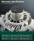 High Output 110 Amp 12V Alternator For Mazda 3 2.3L 2007 2013 And Mazda 6 2.3L 2006 2007 With 6 Groove Pulley And Internal Regulator For Beefed Up Power, close-up view showing specifications