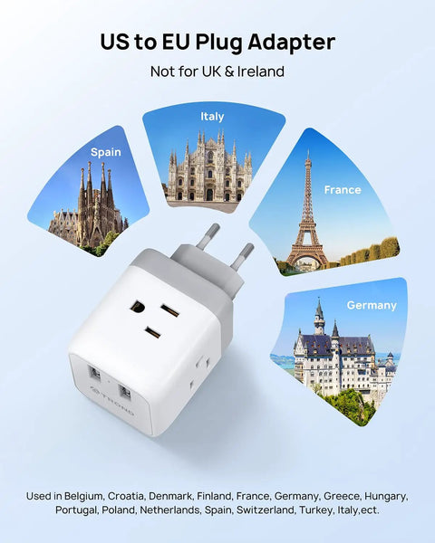 European Travel Plug Adapter With 3 Outlets And 2 USB Ports, International Power Adapter For Europe To US Type C for Spain, Italy, France, Germany