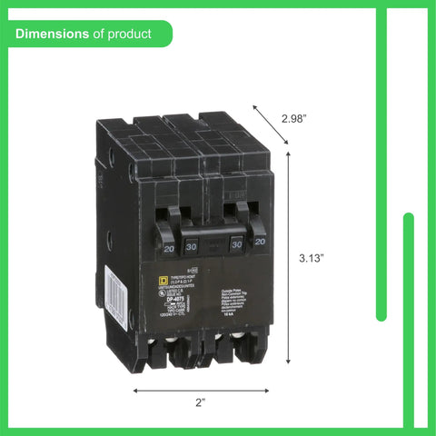 Homeline Tandem Circuit Breaker With Dual 20 Amp Singles And 50 Amp Double Pole, 10kA Interrupt Rating, dimensions shown