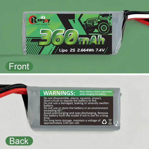 Two Pack 7.4V 360mAh LiPo Battery 2S with PH2.0 Plug front and back views showing capacity and warnings for RC cars and crawlers