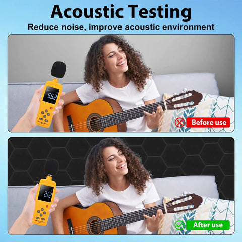 Acoustic testing demonstrating noise reduction before and after using 12 Pack Hexagon Acoustic Foam Panels Self Adhesive Sound Proof Wall Tiles High Density Noise Reducing Decor For Gaming Rooms Studios And Home Theaters Kill The Reverb And Get Your Game On.