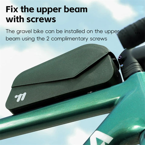 Bolt-On Top Tube Bike Bag With Magnetic Flap For Quick Access During Rides on bike frame, green color with screw attachment.
