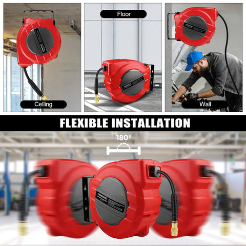 Retractable Air Hose Reel With One Quarter Inch By Fifty Feet Hybrid Polymer Hose, Auto Rewind, Wall Mount, All Weather Tough