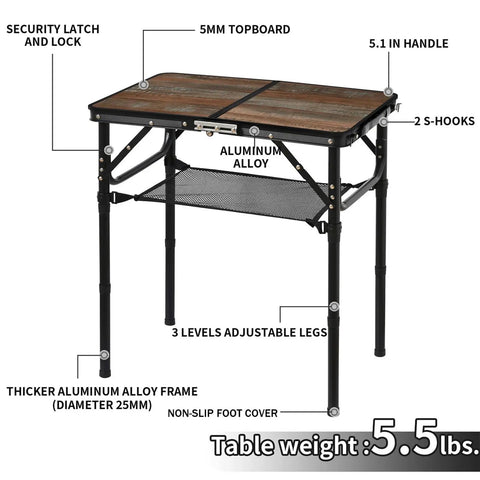 Foldable Picnic Table With Adjustable Heights Portable Camping Table Made Of Aluminum And Metal Lightweight Outdoor Card Table With Carry Handle For Beach BBQ Camping And Indoor Use, showing features and specifications
