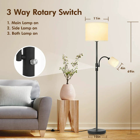 Cozy Living Room Floor Lamp With Linen Shade Tall Reading Light Black Matte Pole Lamp With 12W LED Bulb 3 Way Rotary Switch Modern Corner Lamp For Bedroom Or Study White Finish displayed in living room setup with measurements