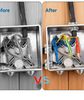 Before and after installation of 50 Pack Half Inch Clamp Type Cable Connectors For NM Cable in an electrical box.