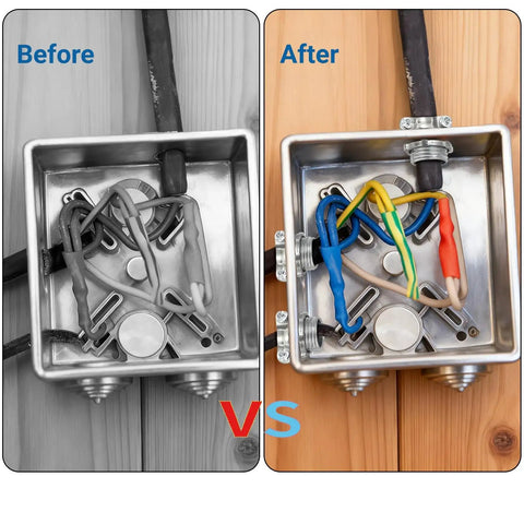 Before and after installation of 50 Pack Half Inch Clamp Type Cable Connectors For NM Cable in an electrical box.