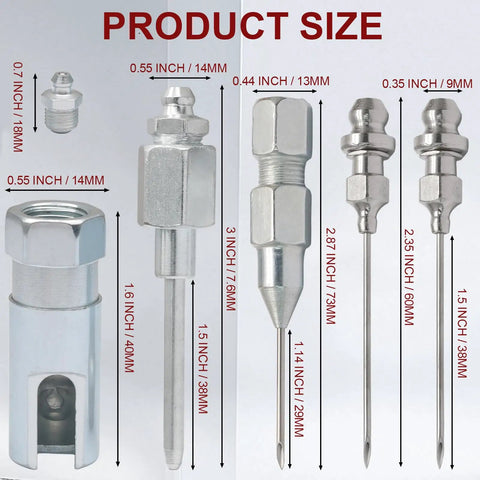 Grease Gun Needle Tip Kit 5 Pc Set With Durable Steel Dispenser Includes Needle Nozzles Filling Nozzle And Tip for tight spaces