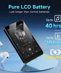 G4S 96GB MP3 Player With Bluetooth and WiFi Android 14, music playing, paired with wireless earbuds, blue background.