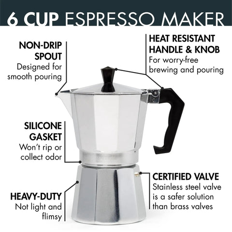 Stovetop Moka Pot Espresso Maker For Home Brew 6 Cup Greca Style Coffee Pot For Italian And Cuban Cafe Perfect For Lattes Cappuccinos Americanos Quick Rich Brews In Silver with non-drip spout and heat-resistant handle.