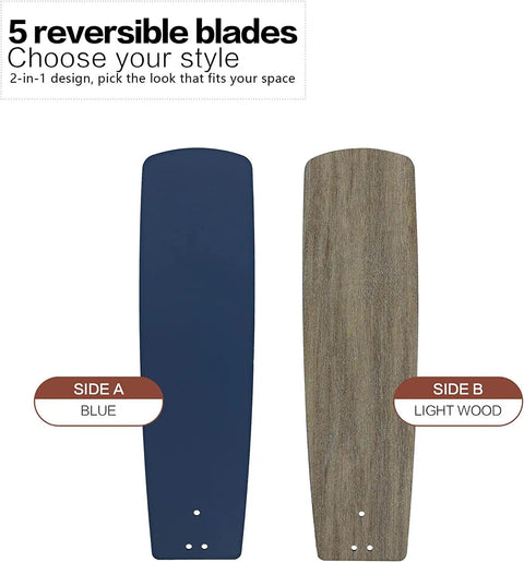 5 reversible blades for 52 Inch Ceiling Fan With Remote No Light Kit Industrial Farmhouse Style side A blue side B light wood