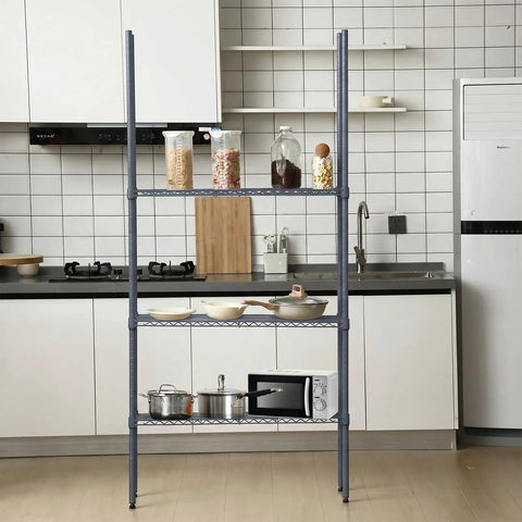 4 Pack 74 Inch Wire Shelving Post Set With Eight Heavy Duty Chrome Pole Sections And Fifty Shelf Clips in a kitchen setting