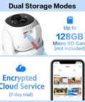 Battery Powered Wireless Outdoor Security Camera With 2K Color Night Vision, showing dual storage modes and encrypted cloud service.