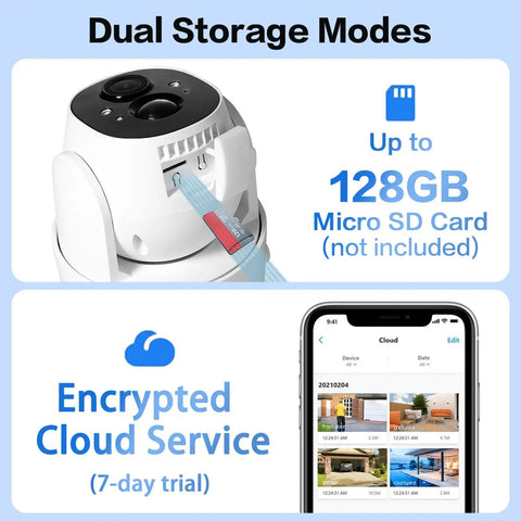 Battery Powered Wireless Outdoor Security Camera With 2K Color Night Vision, showing dual storage modes and encrypted cloud service.