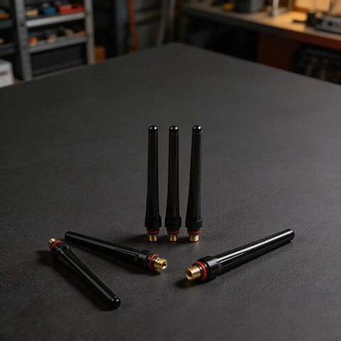 Dope 15 PCS Tig Back Cap Kit Fits Wp 17 18 26 Torch With Brass Bakelite Rubber Covers, black tips and brass fittings on table.