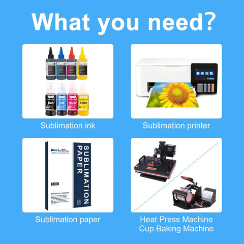 Sublimation ink, printer, paper, and heat press machine for inkjet printers and DIY projects.