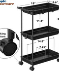 Slim 3 Tier Rolling Storage Cart for Narrow Spaces Black Metal Frame with Easy Glide Casters and ventilated shelves