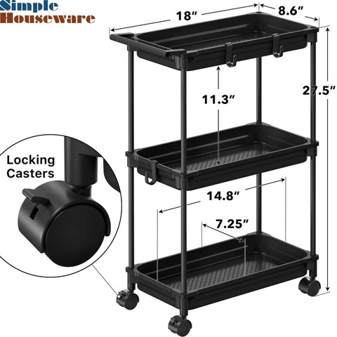 Slim 3 Tier Rolling Storage Cart for Narrow Spaces Black Metal Frame with Easy Glide Casters and ventilated shelves