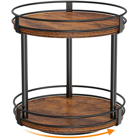 Rotating Spice Rack Two Tier Lazy Susan Organizer For Kitchen Countertop No Fuss Space Saving Brown Wood Turntable 360 Spin
