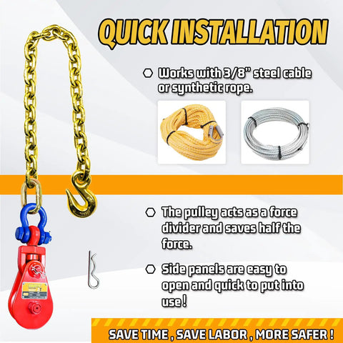 Beefed Up Snatch Block With Chain 2 Ton WLL Heavy Duty Snatch Block Pulley For Three Eighth Inch Wire Rope Towing And Recovery For Rollback Wrecker Car Carrier Tow Truck Accessories, red pulley with chain