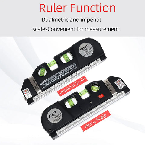 Cross Line Laser Level Kit With 8 Ft 2.5M Ruler For Flooring And Tile Installations Cabinet Mounting And Shelves Home Renovation Must Have Pro Grade For Quick Precise Level And Plumb Every Time showing dual metric and imperial scales