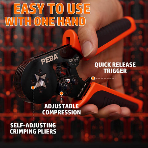 Person using Pro Grade Ferrule Crimping Tool Kit with Self Adjusting Ratchet for AWG 28 to 7, showcasing adjustable compression.