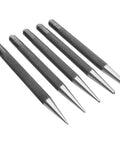 5 Piece Center Punch Set Hardened Steel Knurled Grip Kit Tapered Points for marking metal, wood, and plastic jobs.