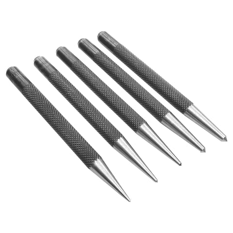 5 Piece Center Punch Set Hardened Steel Knurled Grip Kit Tapered Points for marking metal, wood, and plastic jobs.