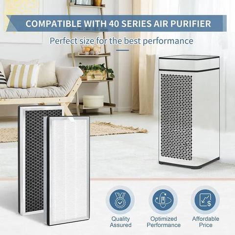 MA Series 40 Replacement Filter Pack of 2 for Air Purifier shown with a compatible 40-size purifier in a living room setting.