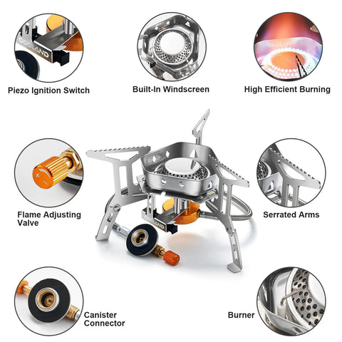 Windproof 3500W Camp Stove Portable Gas Stove with Piezo Ignition, collapsible burner and detailed features for outdoor use with icons