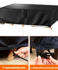 All Weather Outdoor Furniture Cover Waterproof Heavy Duty 600D Built To Last 108 Inch Long 82 Inch Wide Approximately 28 Inch High Fits Most Patio Tables, showing strap adjustments and buckles enhancing windproofing.