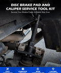 Close-up of Universal Disc Brake Caliper Tool Kit 24 Piece Set For DIY Mechanics with wind-back piston in use on a car brake caliper.