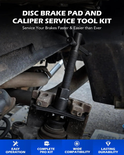 Close-up of Universal Disc Brake Caliper Tool Kit 24 Piece Set For DIY Mechanics with wind-back piston in use on a car brake caliper.