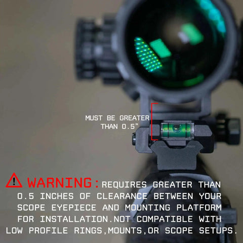 Low Profile Picatinny Anti Cant Level Bubble for Rifles mounted on scope showing clearance warning and vertical alignment