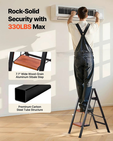 Three Step Folding Ladder With Wide Anti Slip Pedals And Comfort Handgrip Lightweight Aluminum 330 Lbs Capacity Portable Plant Support used for AC repair
