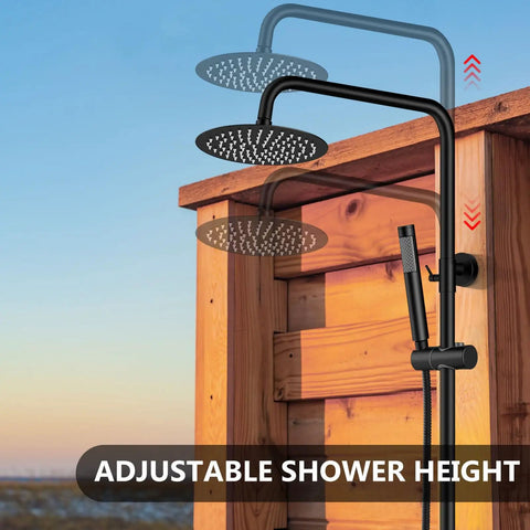 Heavy Duty Outdoor Shower Kit Including 8 Inch Rain Faceplate And Handheld Wand In Matte Black Done Right On 304 Stainless Steel For Decks Pools And Yards Rock Solid Construction With Rust Resistant Armor That Kicks Summer Heat