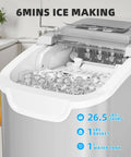 No Sweat Countertop Ice Maker With Rapid Six Minute Freezing And Daily Twenty Six Pound Output showing filled ice basket and water tank.