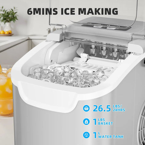 No Sweat Countertop Ice Maker With Rapid Six Minute Freezing And Daily Twenty Six Pound Output showing filled ice basket and water tank.