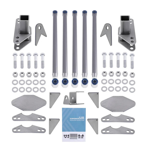 Beefy Adjustable Universal Parallel 4 Link Kit For Car Suspension Upgrades Heavy Duty Steel Links With Zinc End Caps 24 Inch Long Built For Hot Rods And Rat Rods Classic Cars And Air Ride Systems, 4-link kit parts laid out