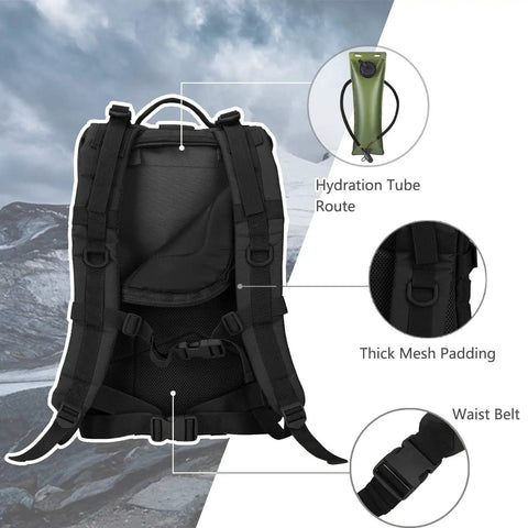 Back view of MOLLE Assault Backpack 40L Tactical Military Rucksack with USA Flag Patch, showing straps, padding, and hydration route.