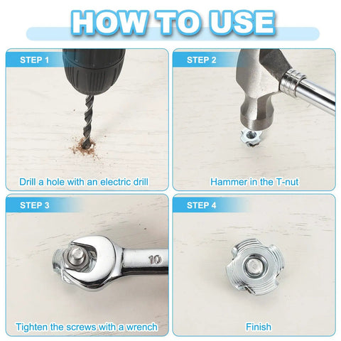 Step-by-step guide on using Tough As Nails M12 T Nuts for woodworking and cabinetry.