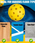 Outdoor Pickleball Balls With 40 Holes For Superior Durability And Stability, yellow ball on various court surfaces